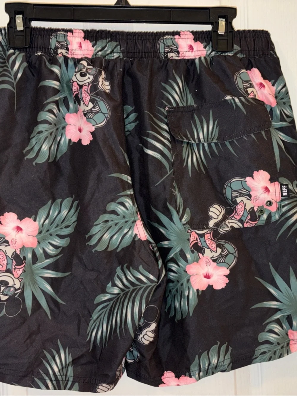 Disney Men’s Black Tropical Mickey Swim Trunks with Pink Florals